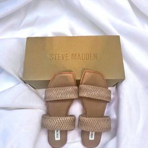 Steve Madden Sharyn Tan Style Flat, Slip-On Sandal with Square Toe, Woven Straps